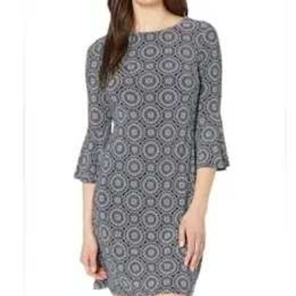 Tommy Hilfiger Dress Women 0P Navy Medallion Bell Sleeve Sheath Mini Shift